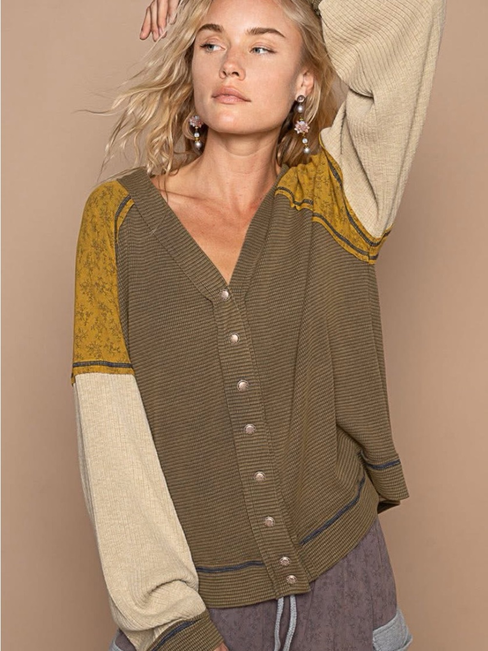 POL Olive, Mustard & Cream Colorblock Button-Up Cardigan